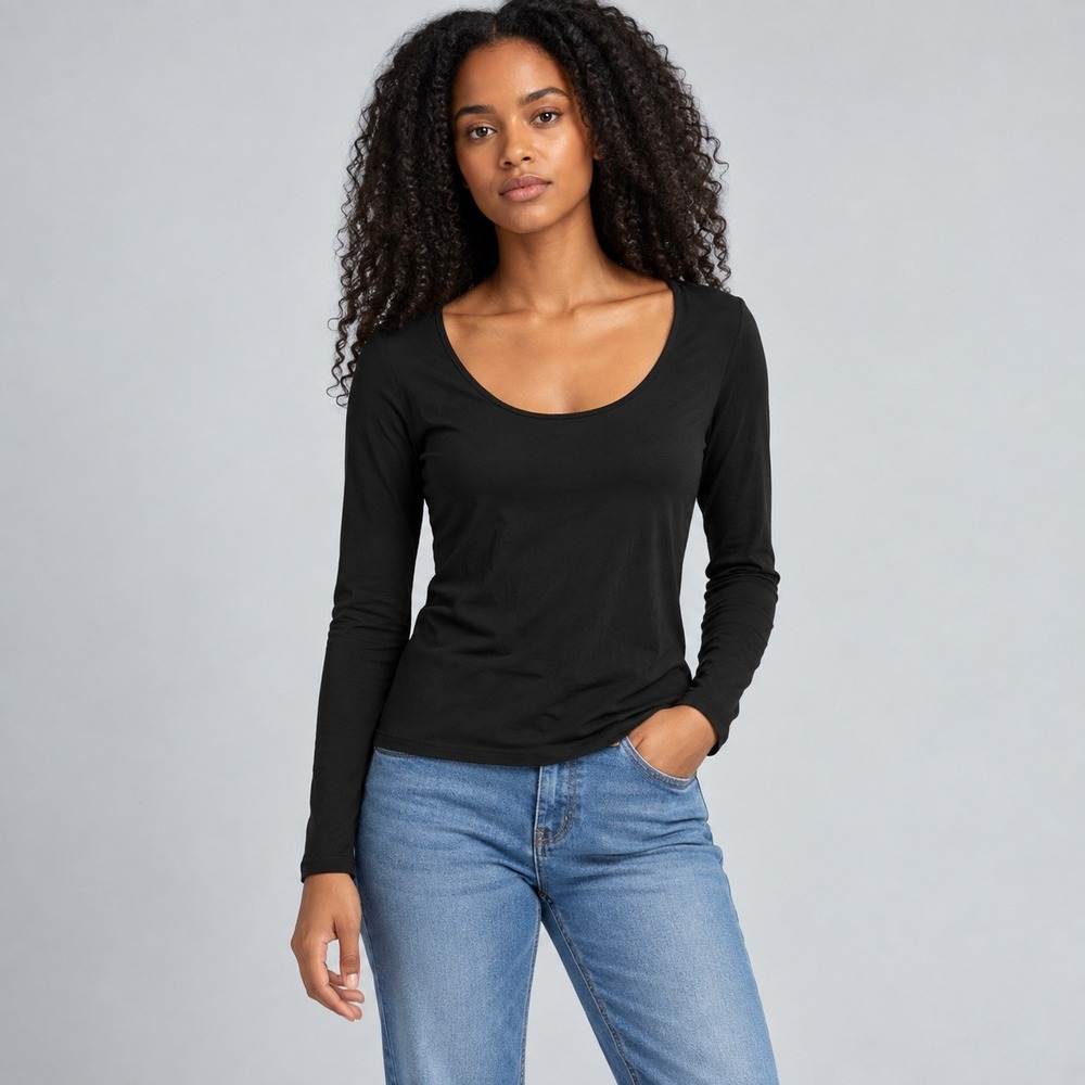 Fisher Black Scoop Neck Long Sleeve Top Women's Medium Made in USA